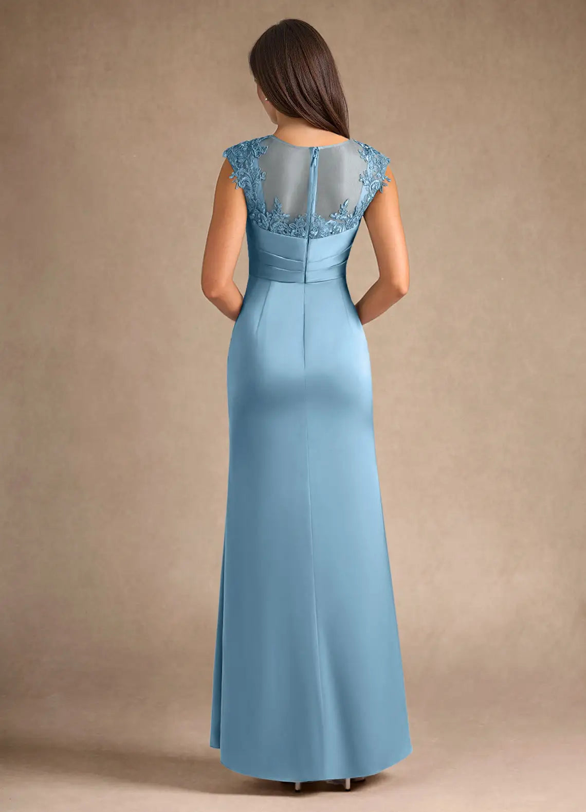 Special Occasion Sophisticated Graceful Elegant Blue Satin Sheath Scoop Neck Sleeveless Evening Dress