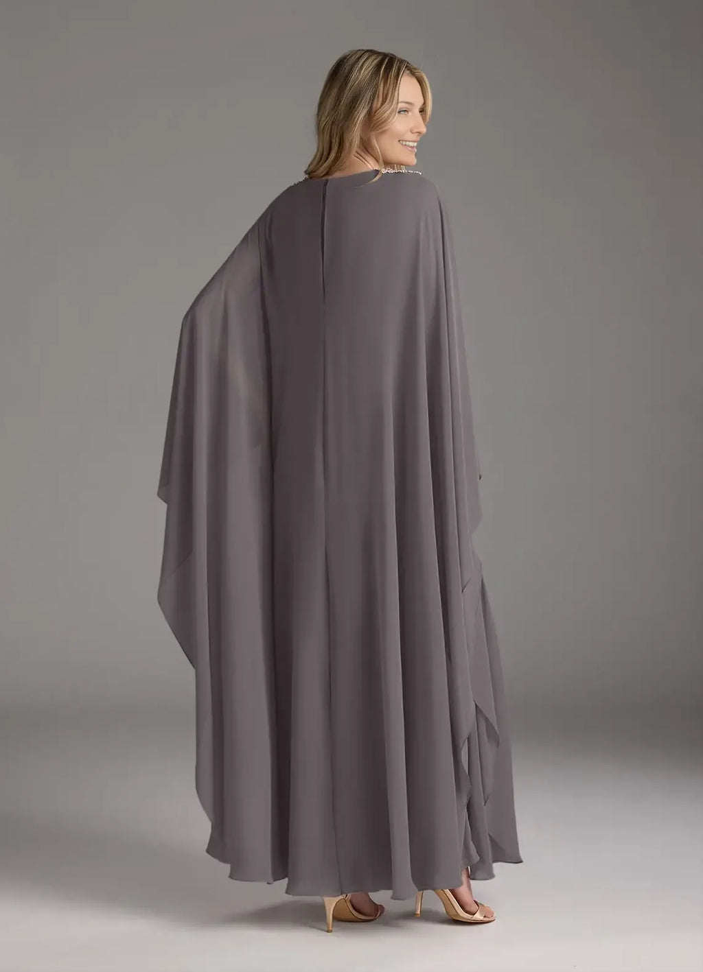 Grey Steel A-Line Pleated V - Neck Mother of the Bride Dress with Waist Belt, Flowing Sleeves
