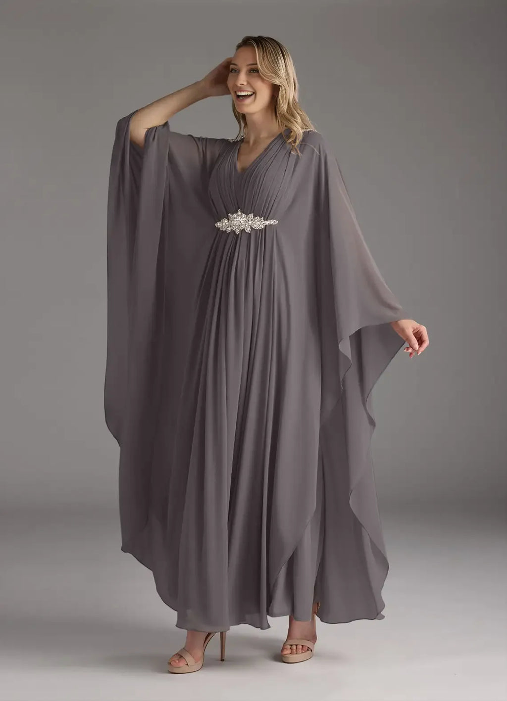 Grey Steel A-Line Pleated V - Neck Mother of the Bride Dress with Waist Belt, Flowing Sleeves
