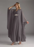 Grey Steel A-Line Pleated V - Neck Mother of the Bride Dress with Waist Belt, Flowing Sleeves