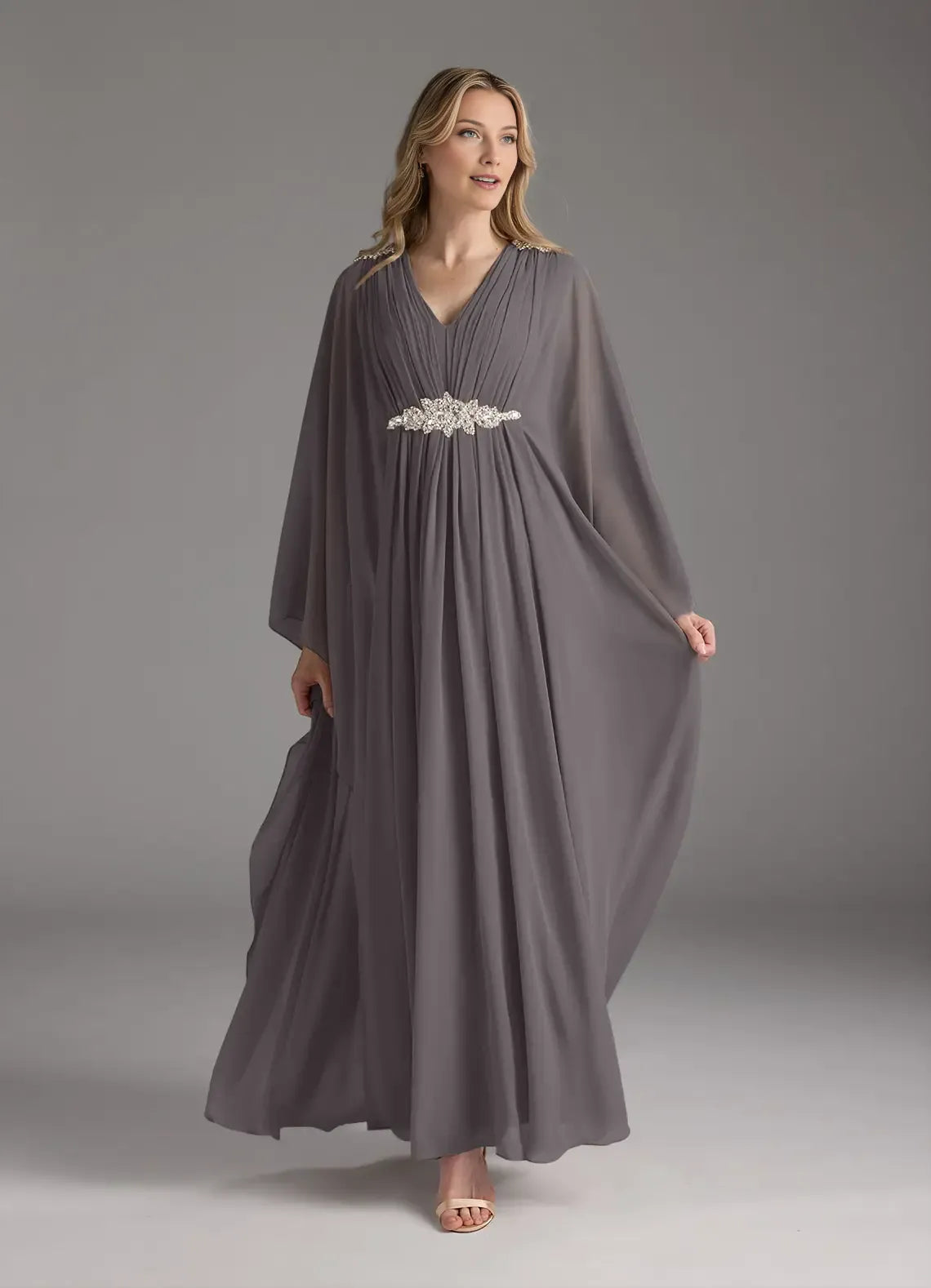 Grey Steel A-Line Pleated V - Neck Mother of the Bride Dress with Waist Belt, Flowing Sleeves