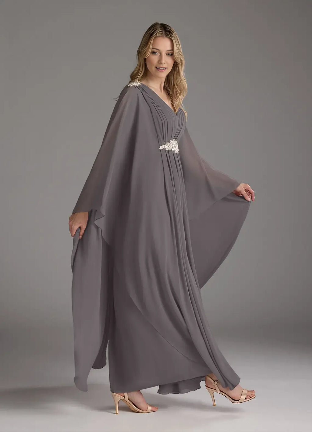 Grey Steel A-Line Pleated V - Neck Mother of the Bride Dress with Waist Belt, Flowing Sleeves