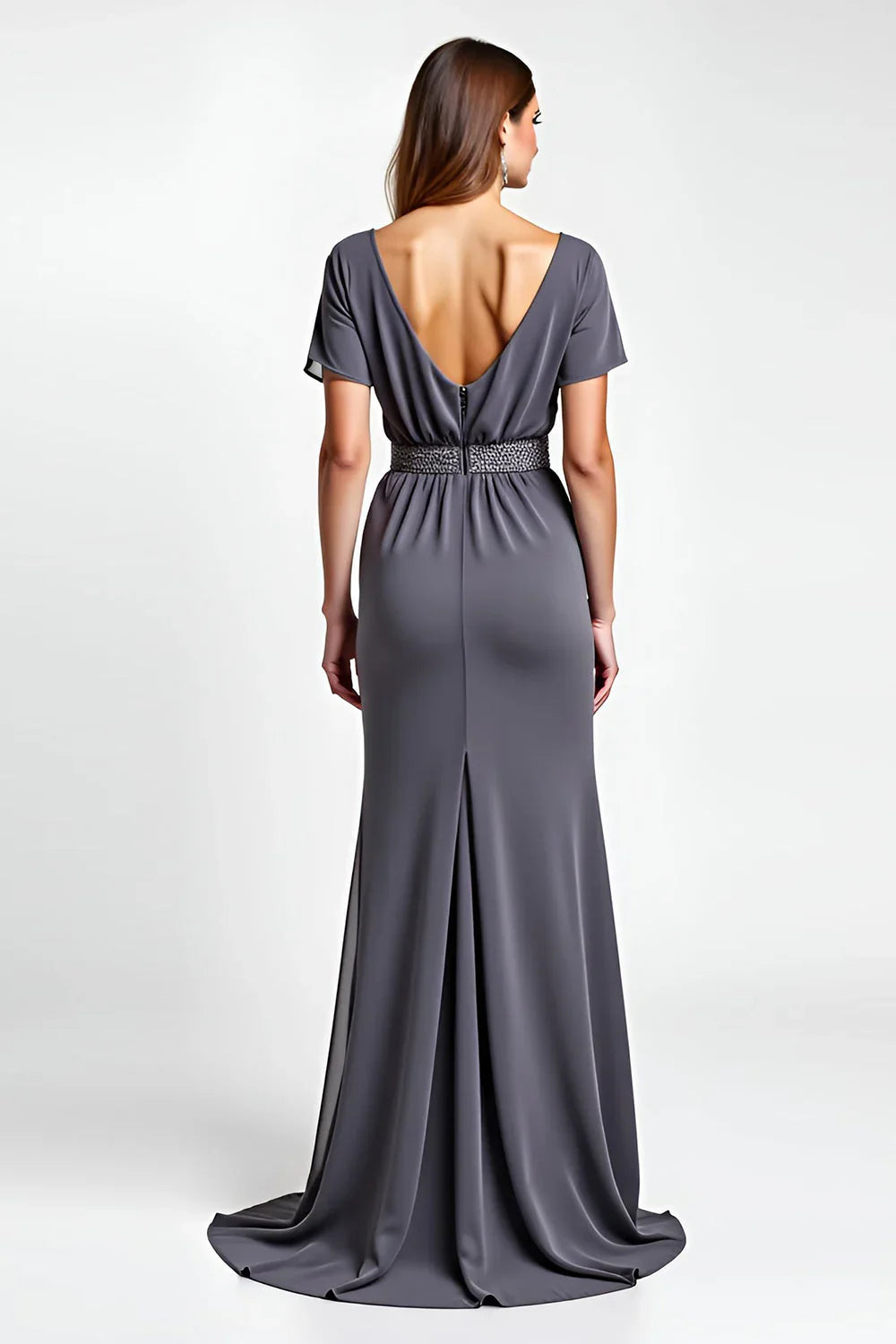 Grey Steel Sheath Long Mother of the Bride Dress with Short Sleeves