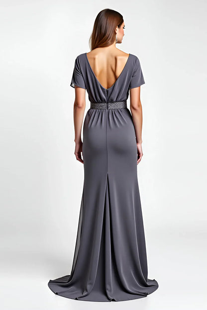 Elegant Red Beaded Sheath Classic-Neck Short-Sleeve Classic-Back Mini-Length Mother-of-the-Bride Dress