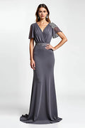 Grey Steel Sheath Long Mother of the Bride Dress with Short Sleeves