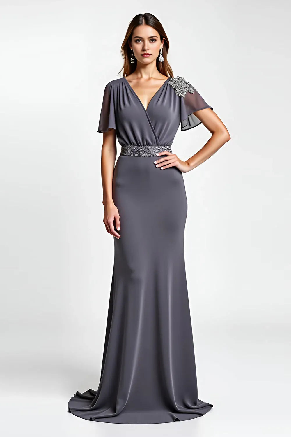 Grey Steel Sheath Long Mother of the Bride Dress with Short Sleeves
