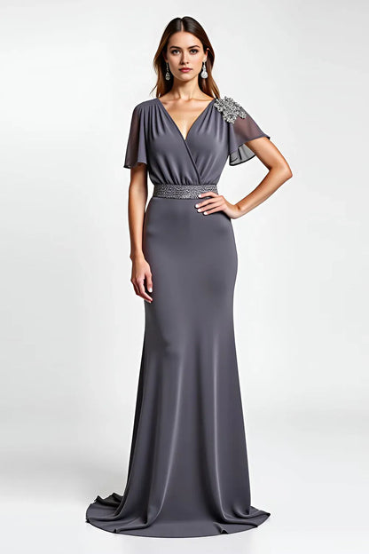Elegant Red Beaded Sheath Classic-Neck Short-Sleeve Classic-Back Mini-Length Mother-of-the-Bride Dress