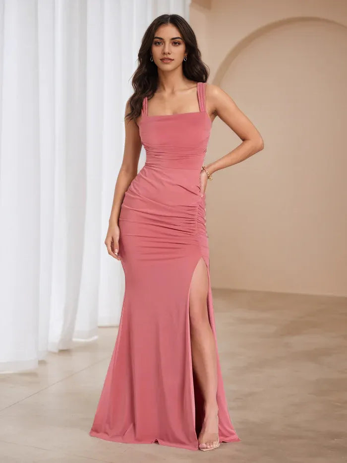 Blush Pink Square Neck Ruched Prom Dress with Side Slit - Formal Evening Gown for Dance Events & Galas