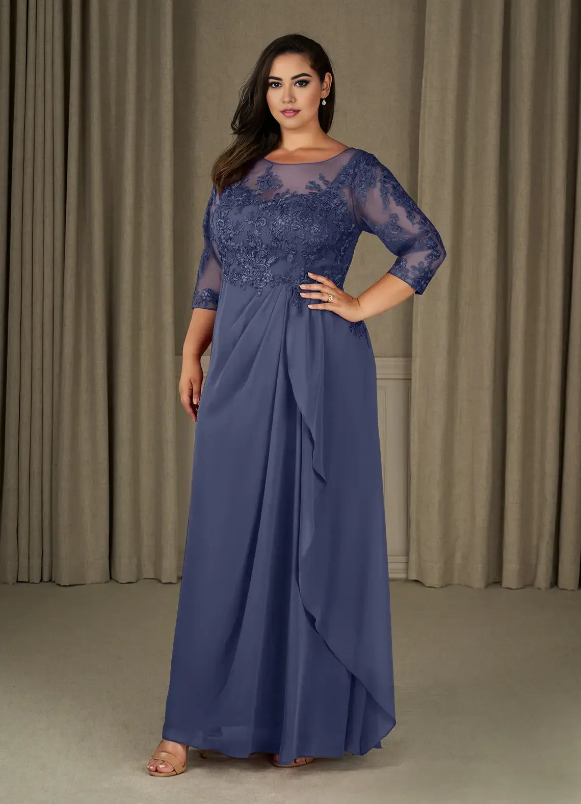 Sophisticated Graceful Elegant Champagne Chiffon A-Line Ruffle Mother of the Bride Dress
