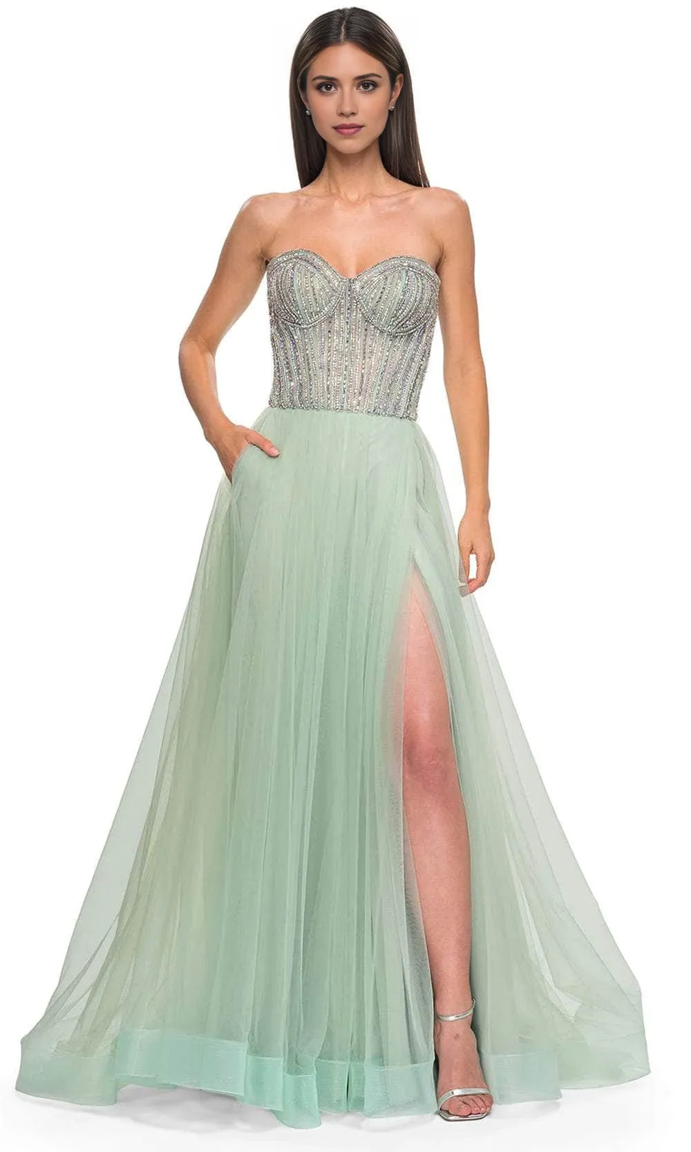 Strapless Bodice Prom Dress with High Side Slit Perfect for Formal Evening Galas