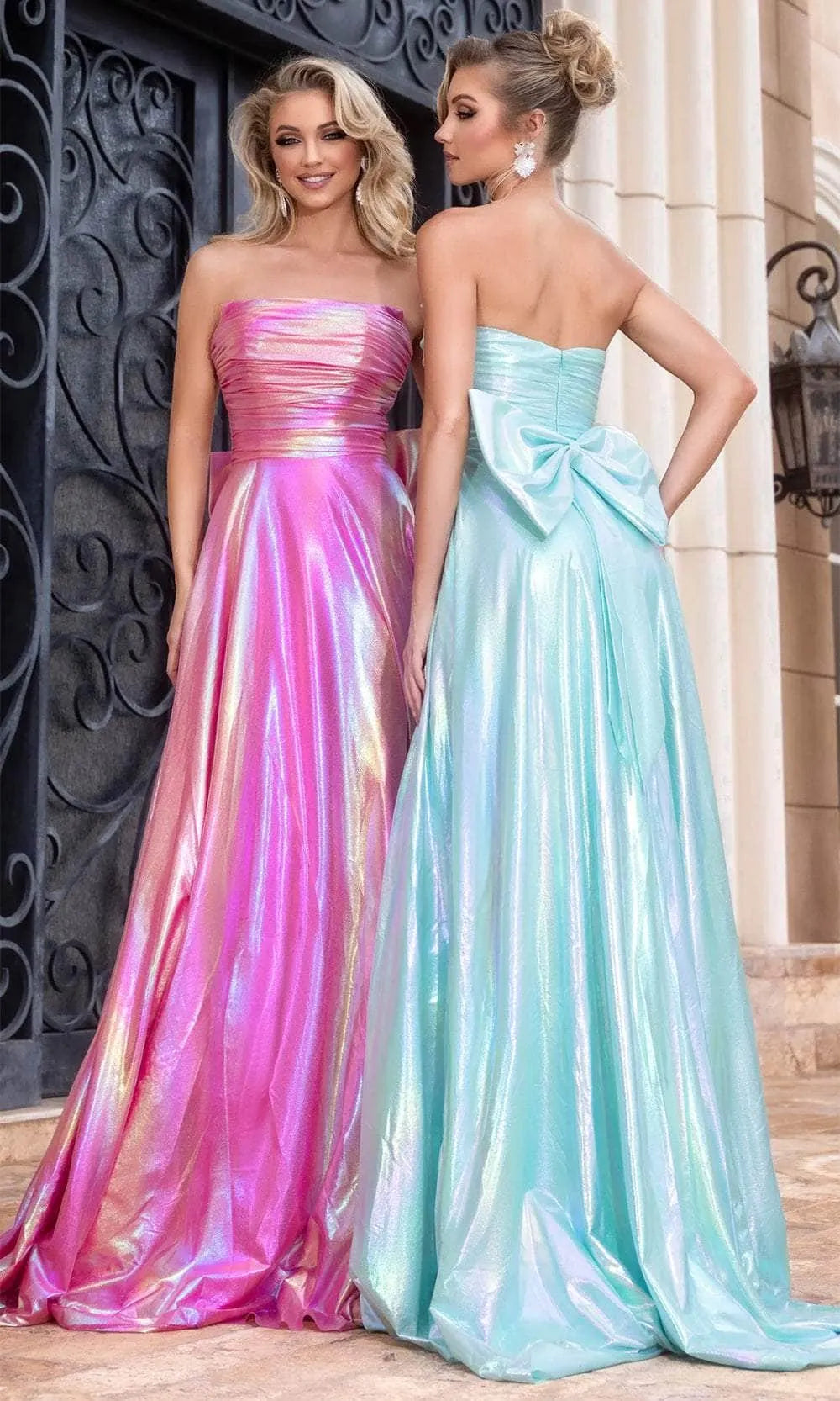Strapless Iridescent Metallic Prom Dresses with Side Slit Bow Detail Perfect for Formal Galas