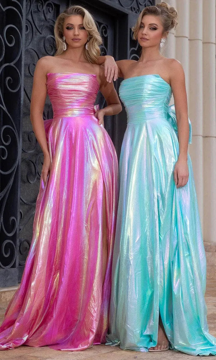 Strapless Iridescent Metallic Prom Dresses with Side Slit Bow Detail Perfect for Formal Galas