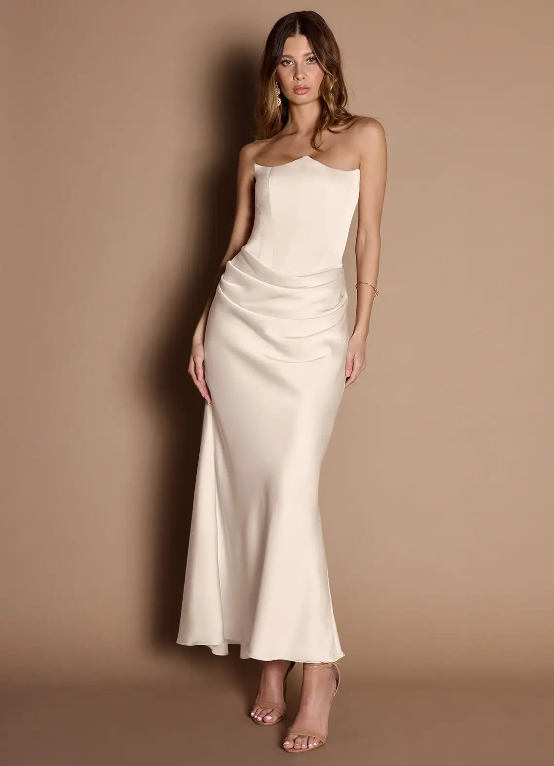 Ivory Strapless Prom Dress with Asymmetric Bodice and Draped Skirt for Formal Occasions