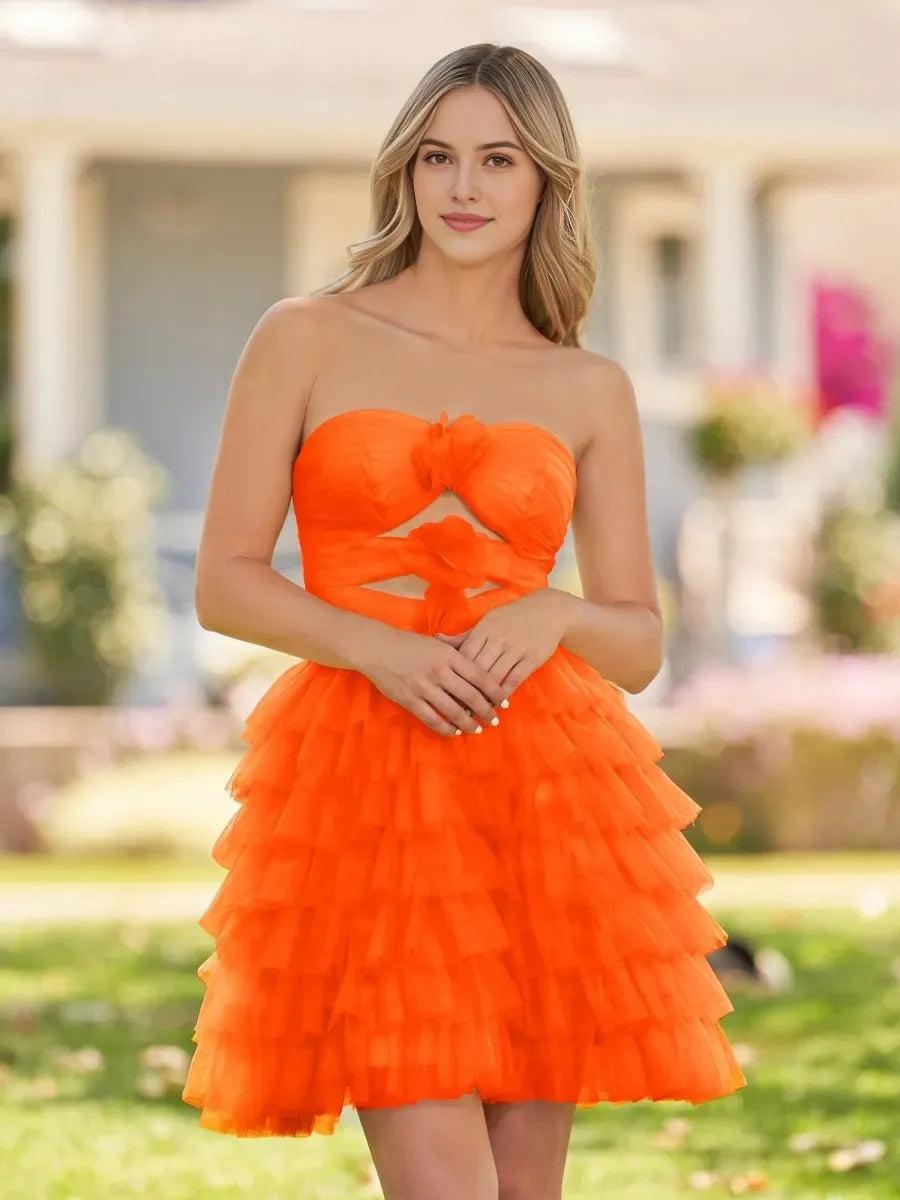 Strapless Tiered Ruffle Short Homecoming Dress With Flowers