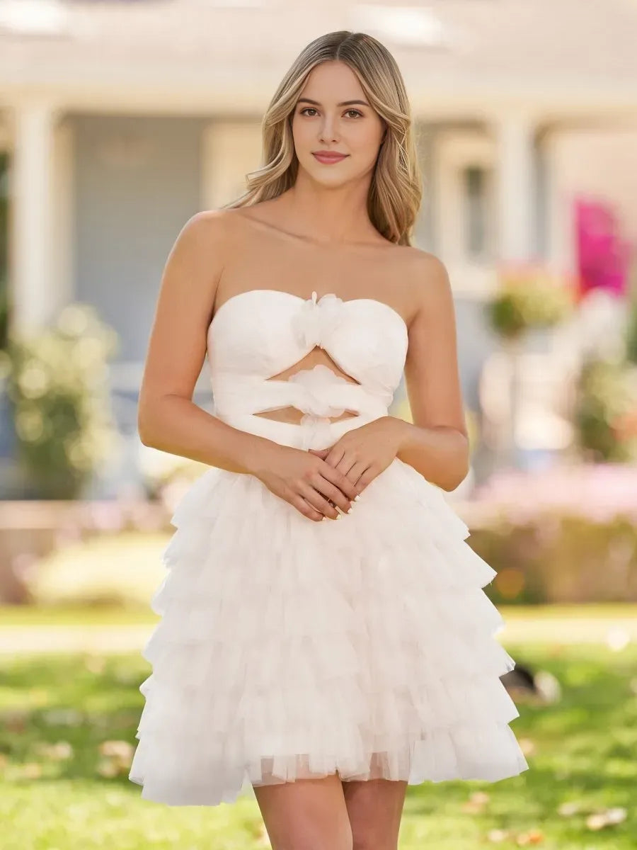Strapless Tiered Ruffle Short Homecoming Dress With Flowers