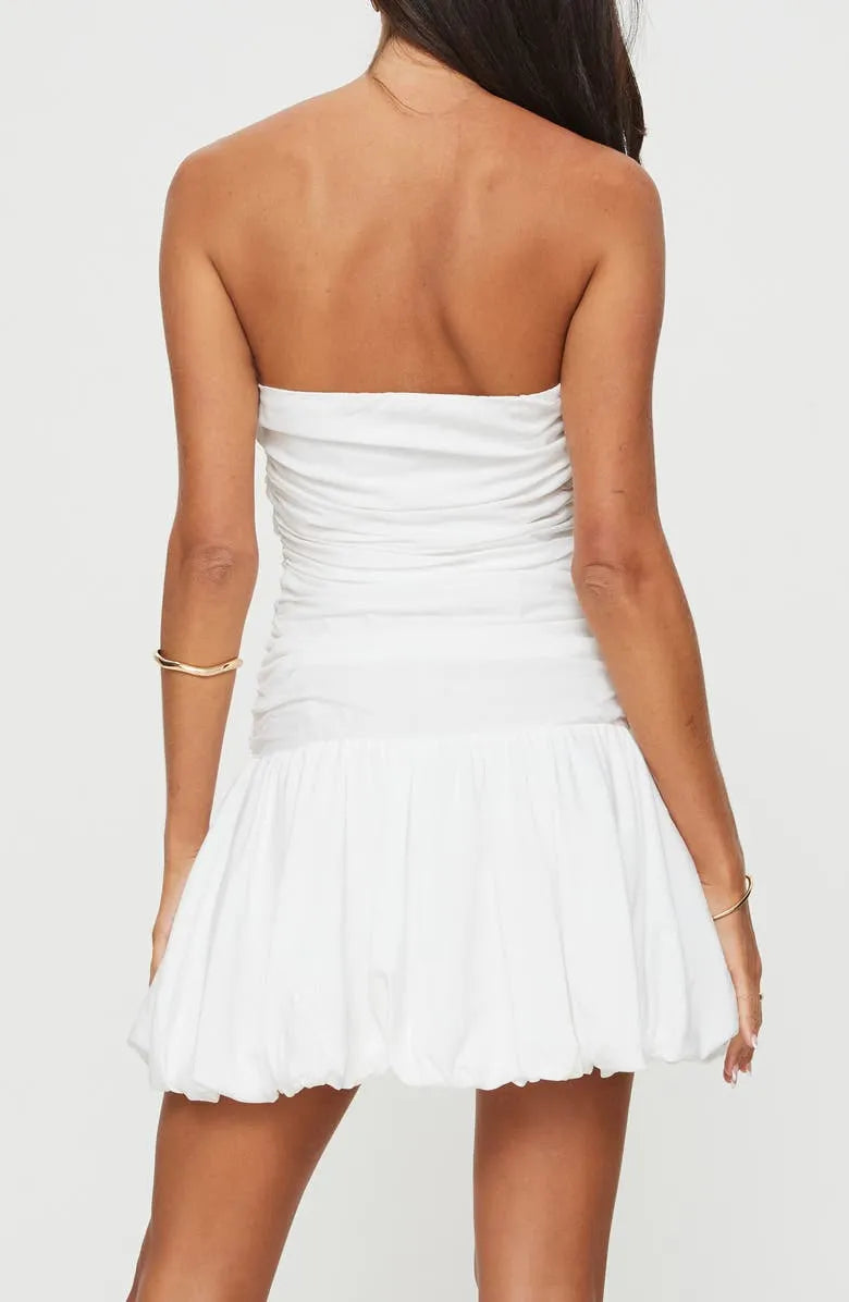 White Strapless Ruched Bodice Flared Mini Dress Ideal for Homecoming Casual School Events