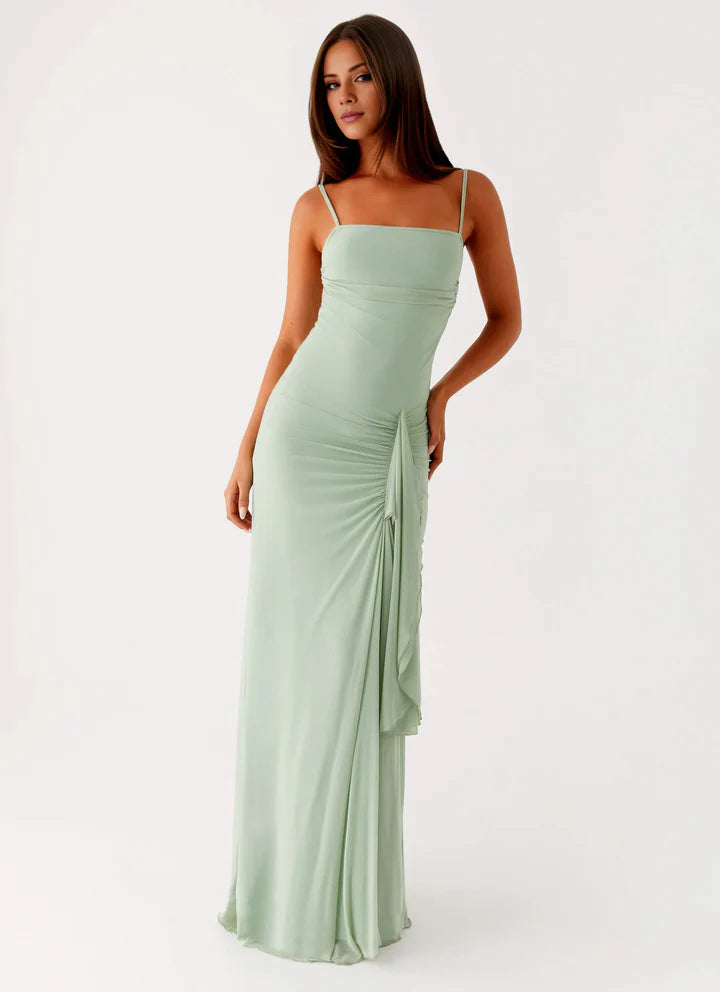 Sage Green Ruched Mesh Slip Prom Dress