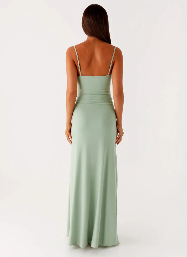 Sage Green Ruched Mesh Slip Prom Dress