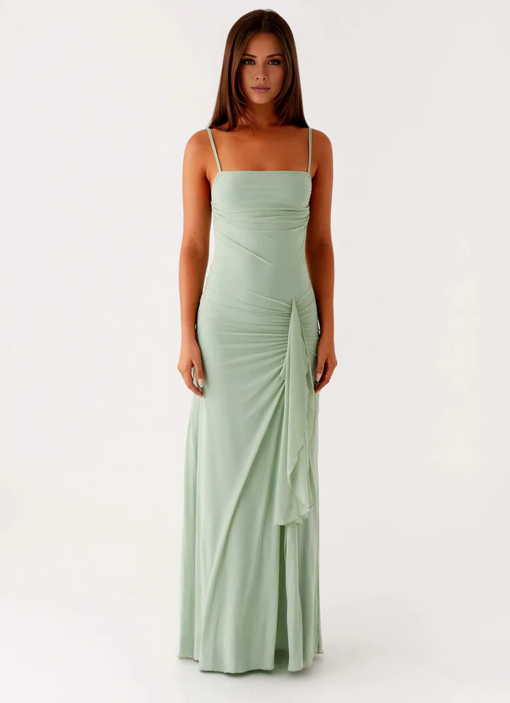 Sage Green Ruched Mesh Slip Prom Dress