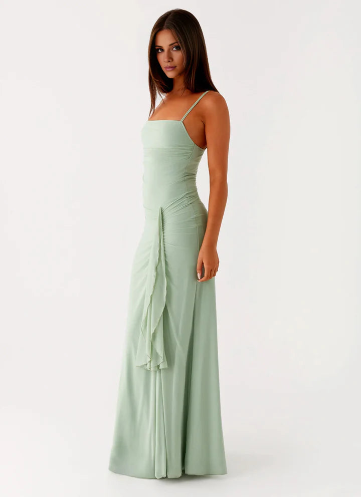 Sage Green Ruched Mesh Slip Prom Dress