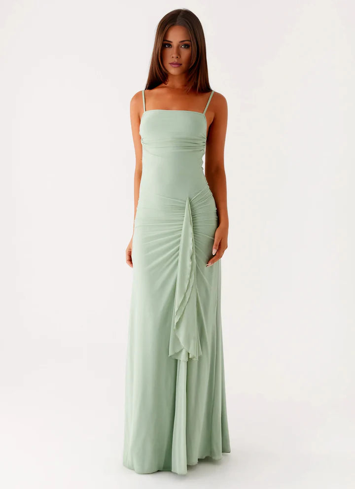 Sage Green Ruched Mesh Slip Prom Dress