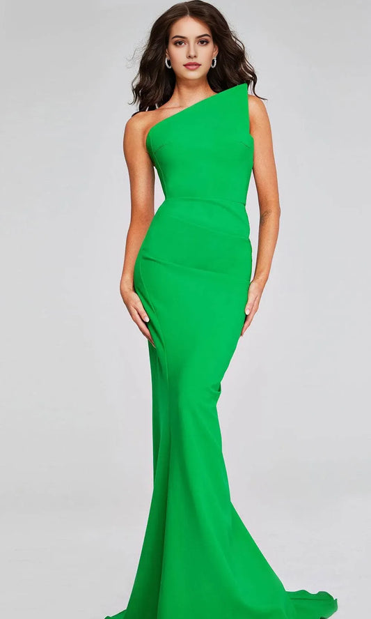 Elegant Green Mermaid One-Shoulder Classic-Sleeve Classic-Back Floor-Length Evening Dress