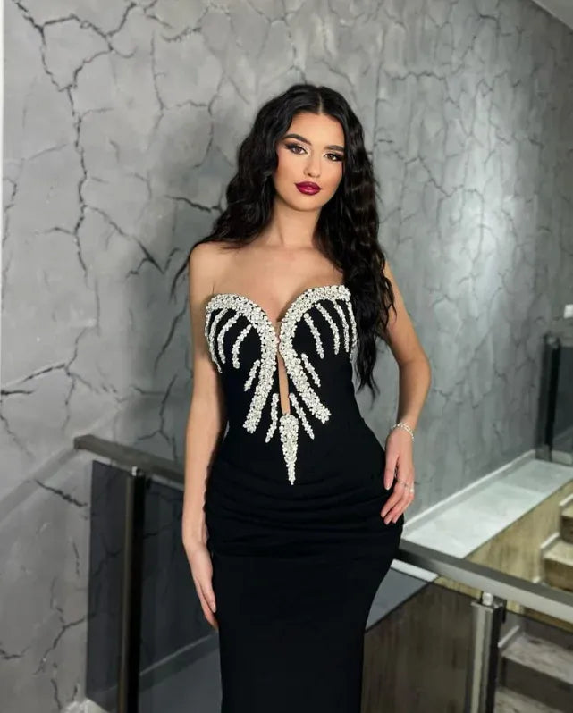 Black Striking Mermaid Sweetheart Rhinestones Floor-length Prom Dress