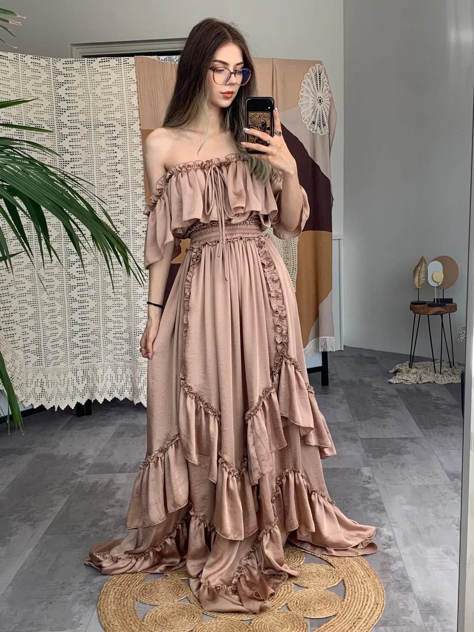 Off-The-Shoulder Cap Sleeve Ruffled Dusty Rose Floor-Length Prom Dress