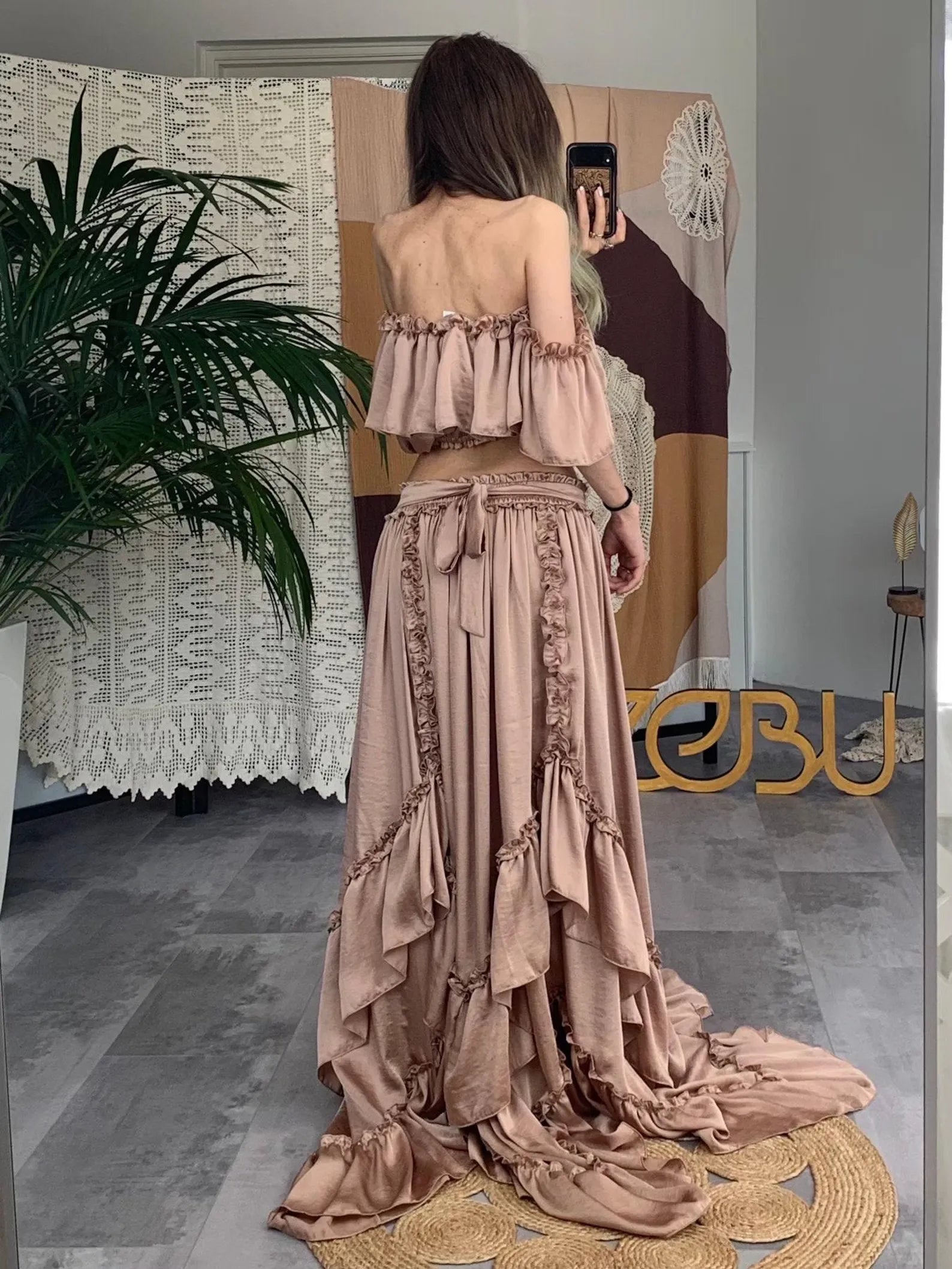 Off-The-Shoulder Cap Sleeve Ruffled Dusty Rose Floor-Length Prom Dress