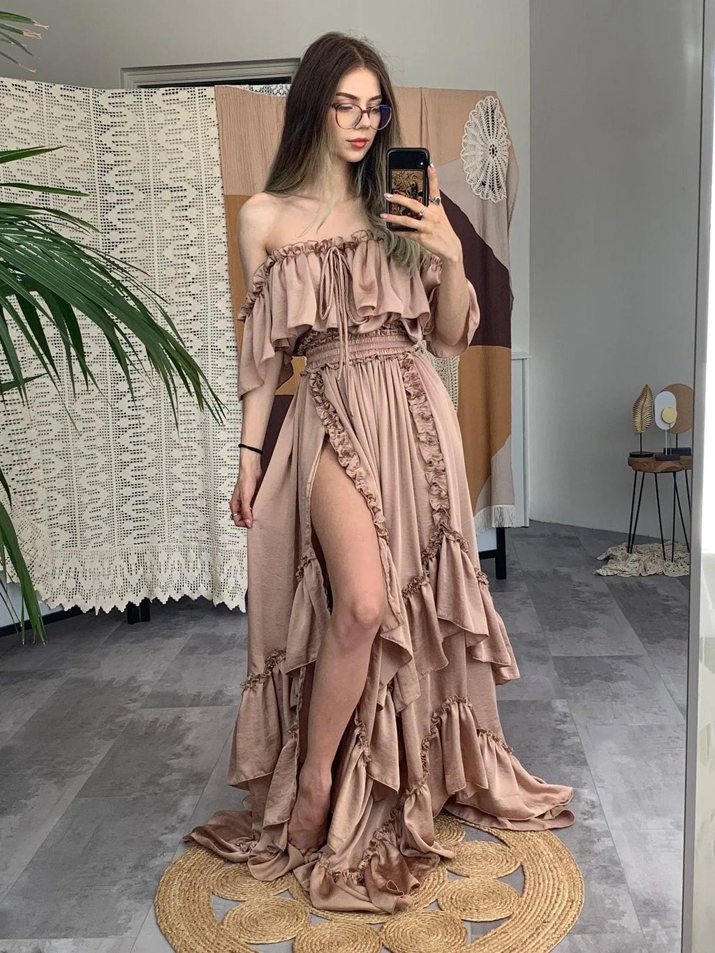 Off-The-Shoulder Cap Sleeve Ruffled Dusty Rose Floor-Length Prom Dress