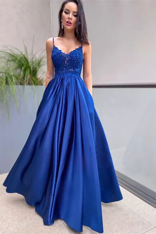 Blue Spaghetti Appliqued Floor Prom Dress With Pocket Custom