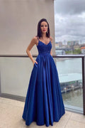 Blue Spaghetti Appliqued Floor Prom Dress With Pocket Custom