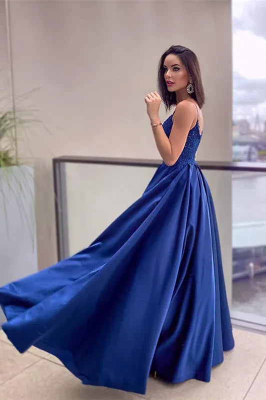 Blue Spaghetti Appliqued Floor Prom Dress With Pocket Custom