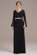 Elegant Black Chiffon A-Line Long Sleeve Long Mother of the Bride Dress