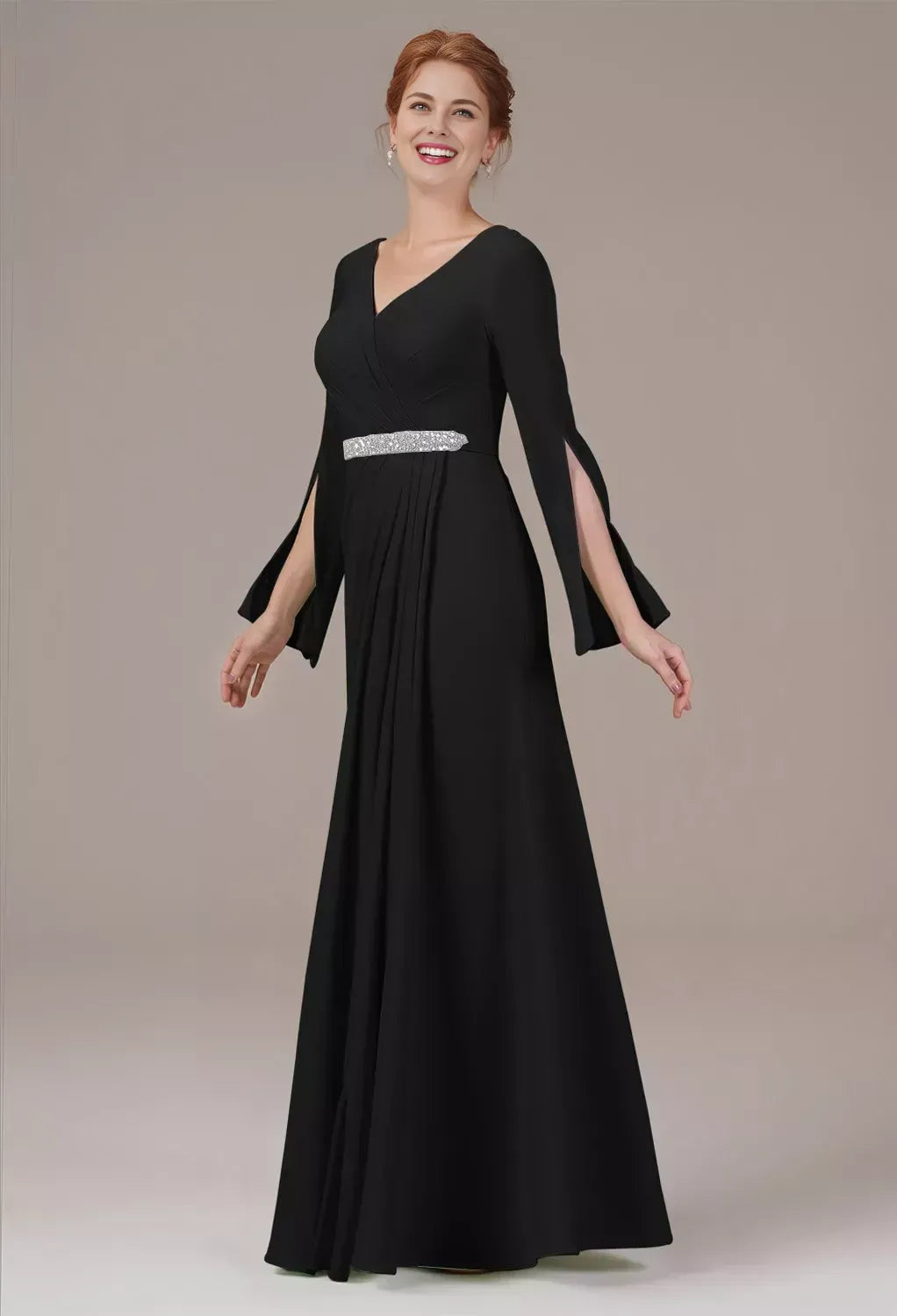Elegant Black Chiffon A-Line Long Sleeve Long Mother of the Bride Dress