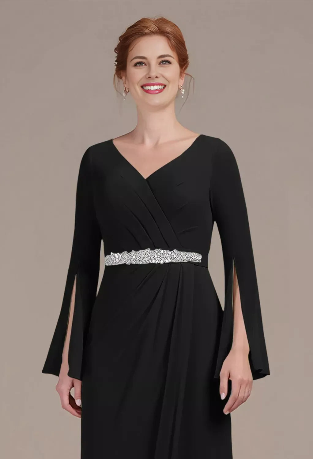 Elegant Black Chiffon A-Line Long Sleeve Long Mother of the Bride Dress