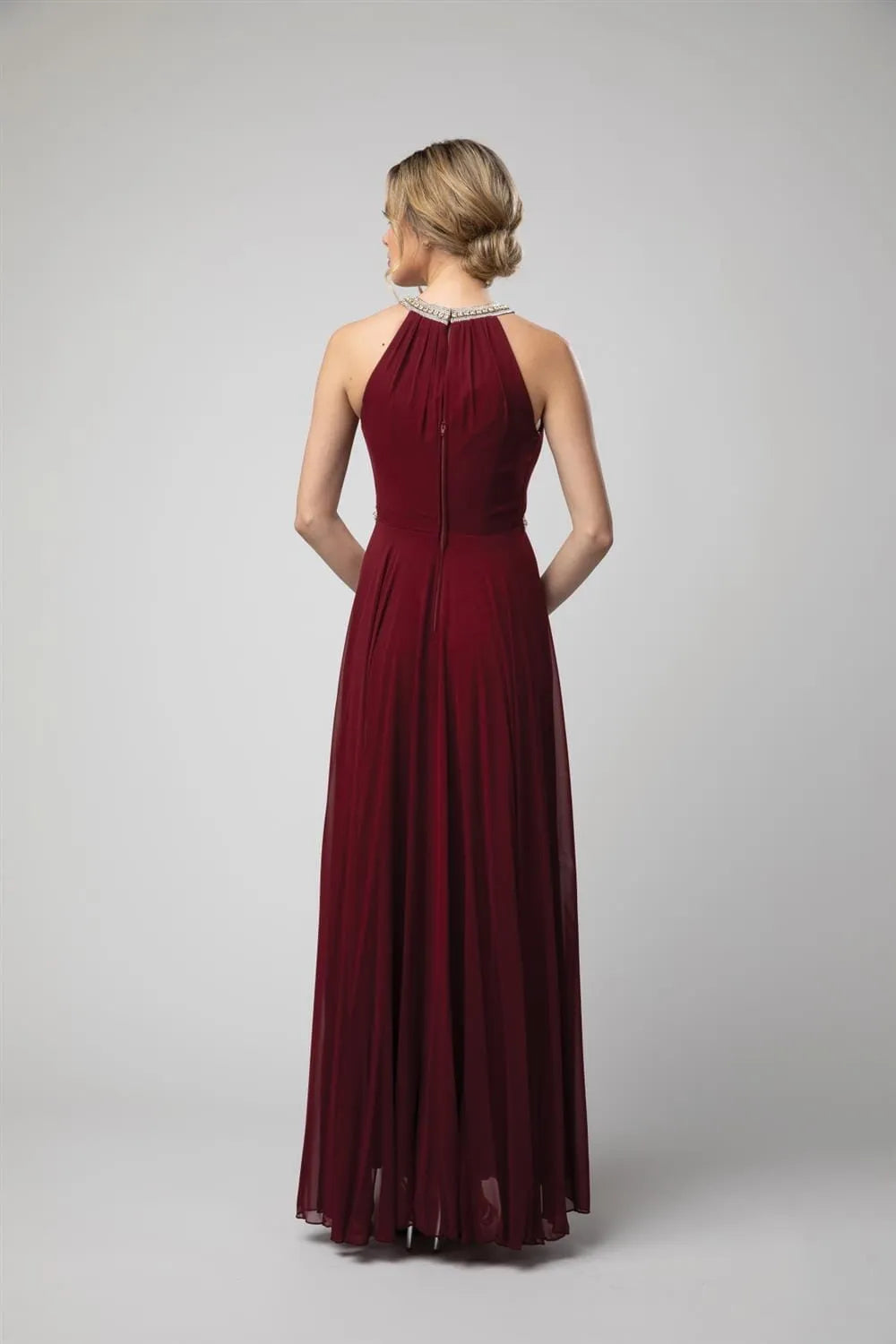 Burgundy Prom Gown with Halter Neck Embellishments and Flowy Silhouette for Formal Events