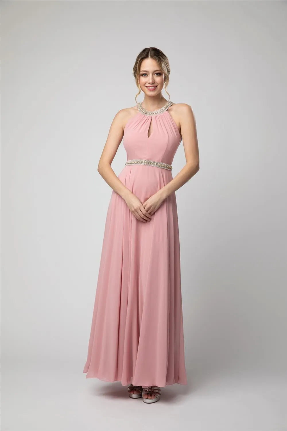 Burgundy Prom Gown with Halter Neck Embellishments and Flowy Silhouette for Formal Events