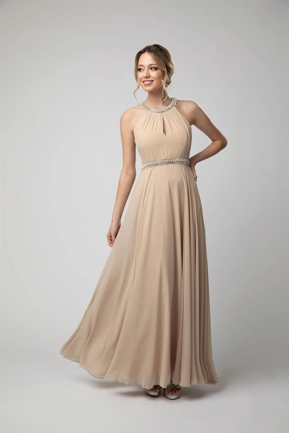 Burgundy Prom Gown with Halter Neck Embellishments and Flowy Silhouette for Formal Events