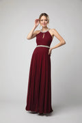 Burgundy Prom Gown with Halter Neck Embellishments and Flowy Silhouette for Formal Events