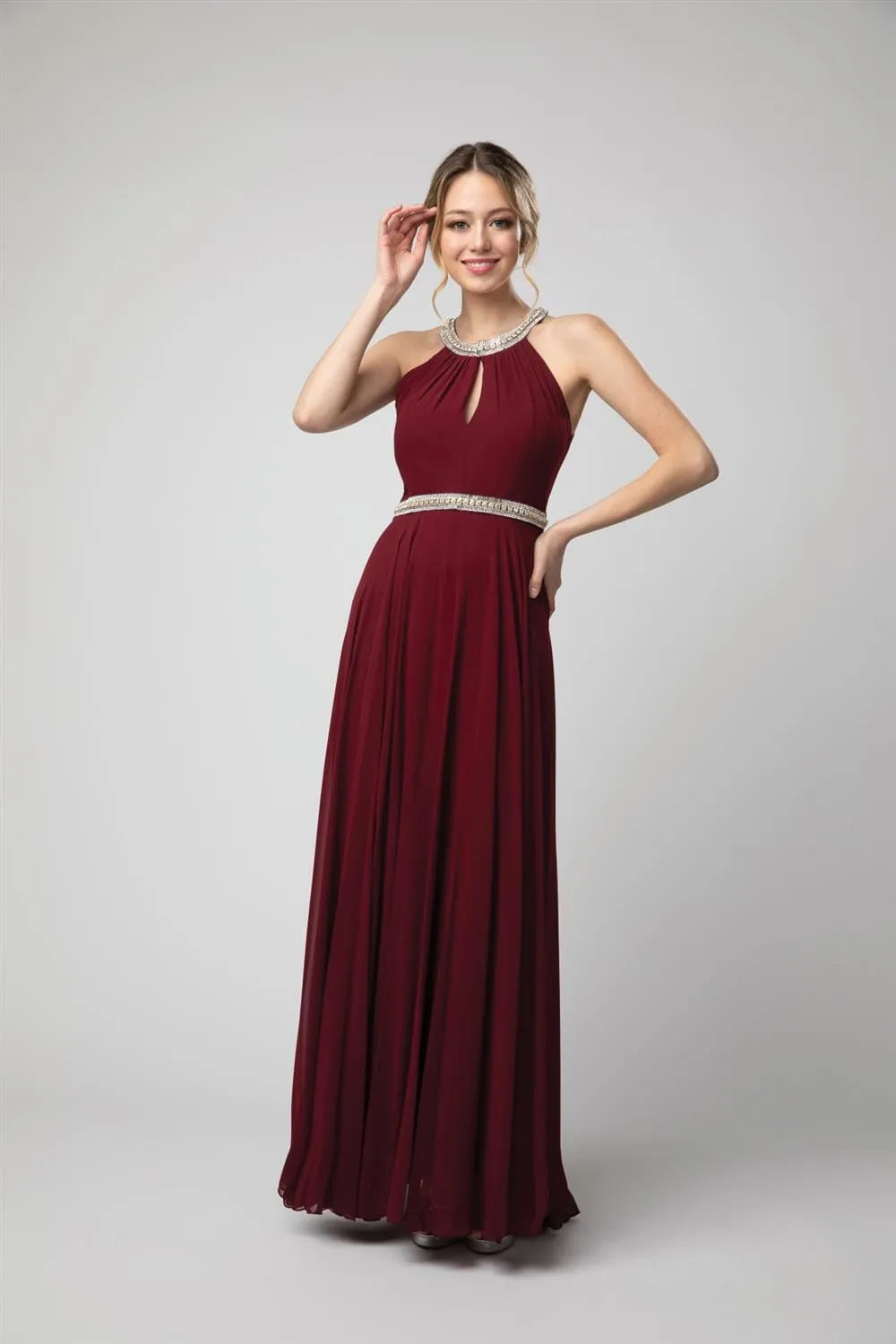 Burgundy Prom Gown with Halter Neck Embellishments and Flowy Silhouette for Formal Events