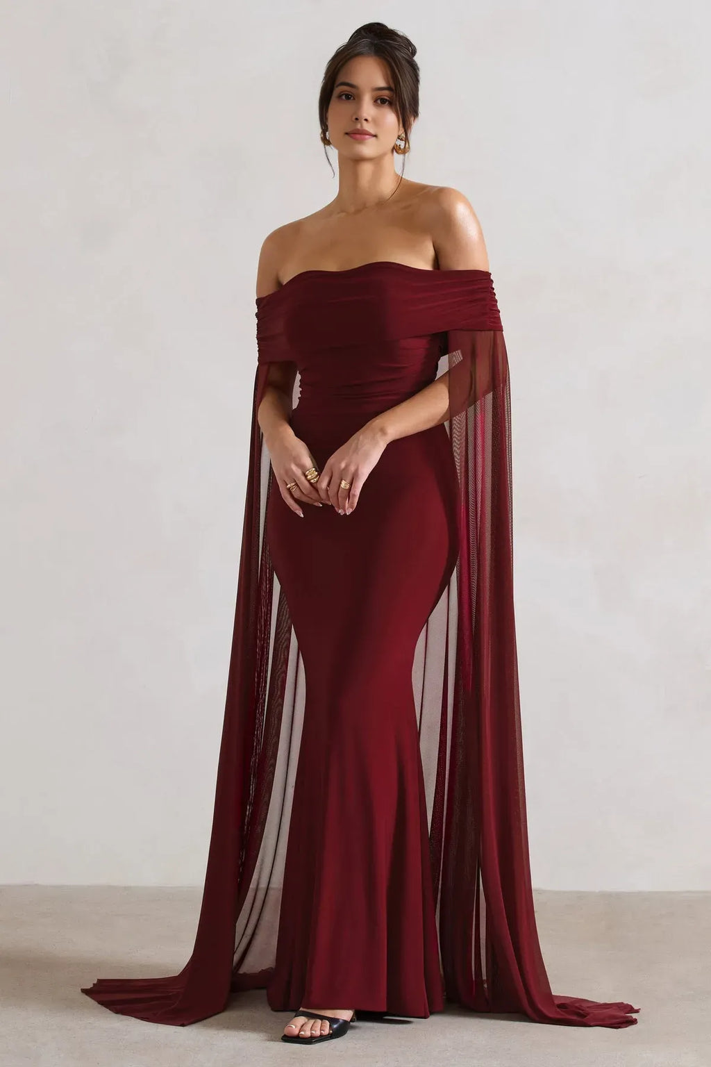 Burgundy Off - Shoulder Prom Dress with Enchanting Cape - Style Sleeves and Flattering Mermaid Silhouette