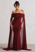 Burgundy Off - Shoulder Prom Dress with Enchanting Cape - Style Sleeves and Flattering Mermaid Silhouette