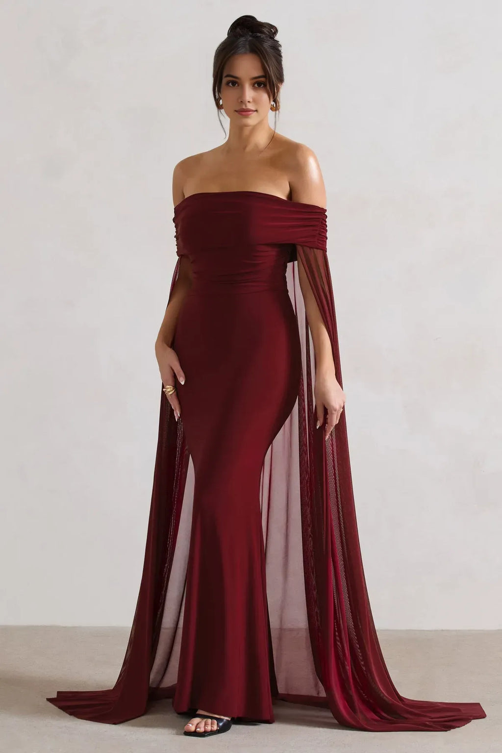 Burgundy Off - Shoulder Prom Dress with Enchanting Cape - Style Sleeves and Flattering Mermaid Silhouette