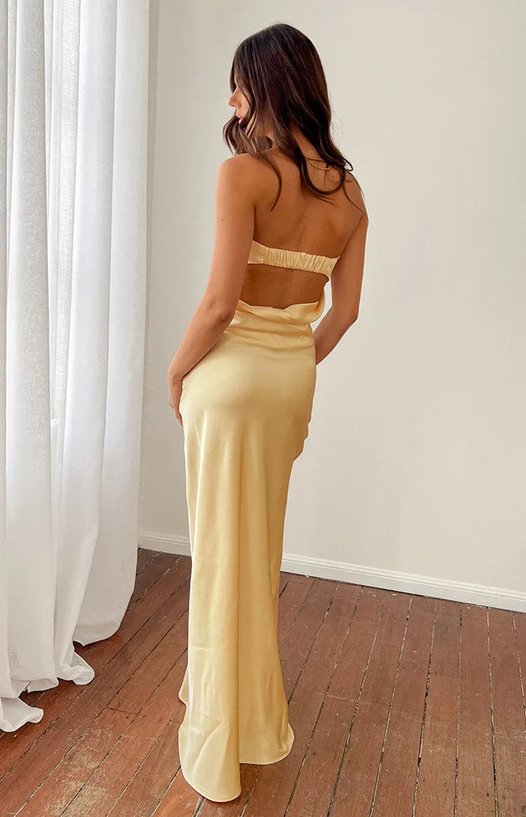 Champagne - Yellow Prom Dress Strapless Draped Neckline Floor Length Silhouette for Formal Galas