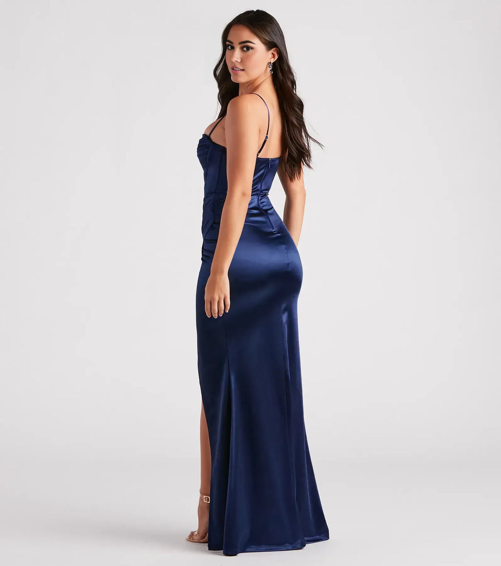 Beautiful Timeless Special Occasion Elegant Navy Blue Satin Sleeveless Floor-Length Prom Dress