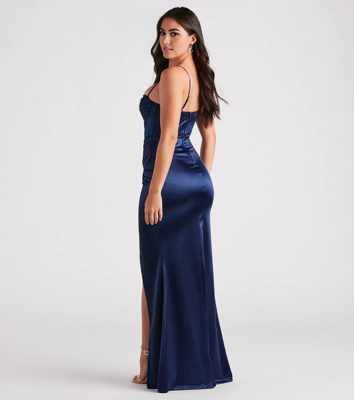 Beautiful Timeless Special Occasion Elegant Navy Blue Satin Sleeveless Floor-Length Prom Dress