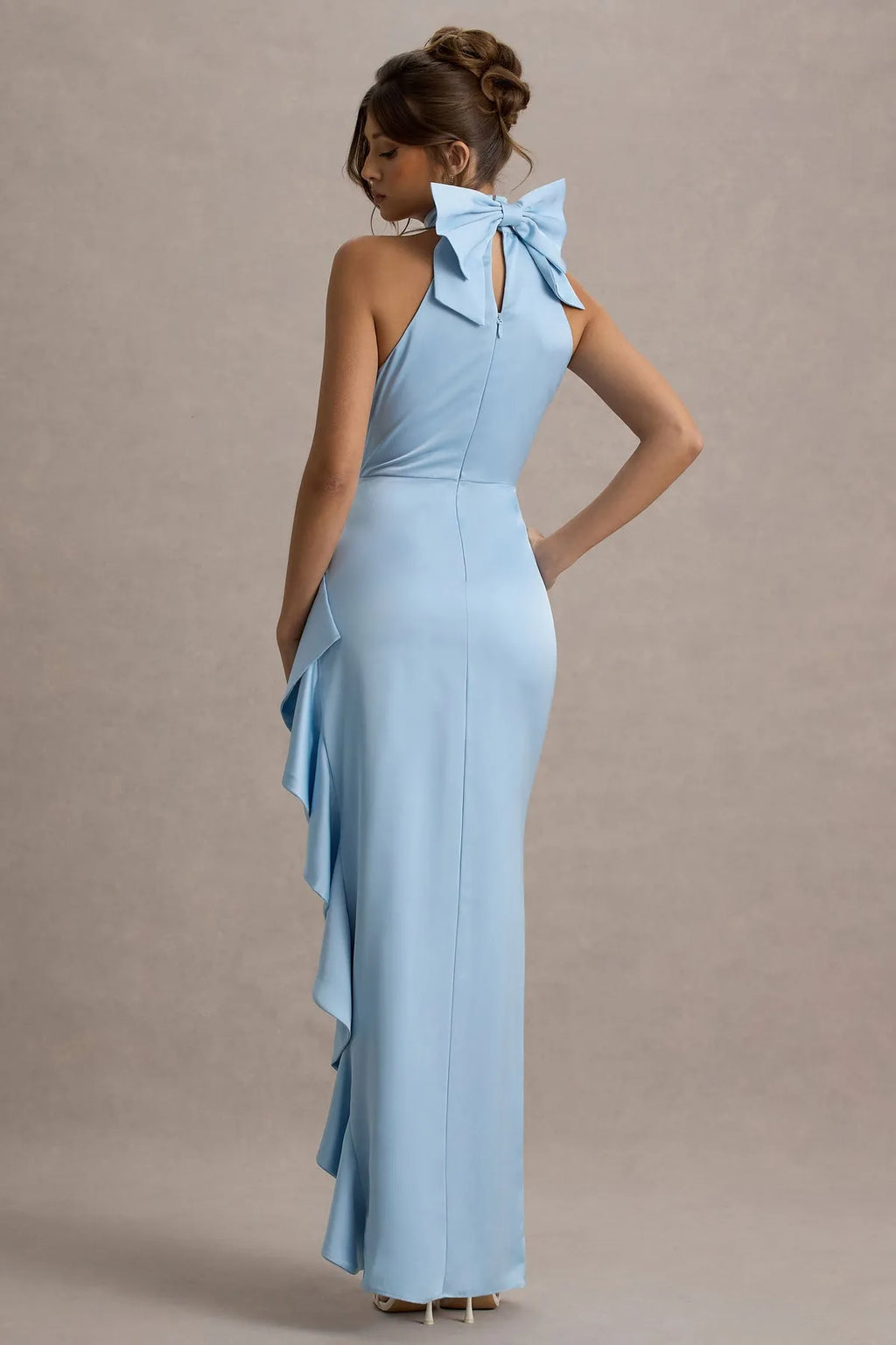 Light Blue Halter Prom Dress with Bow Detail Ruched Sides and Dramatic Ruffled Slit