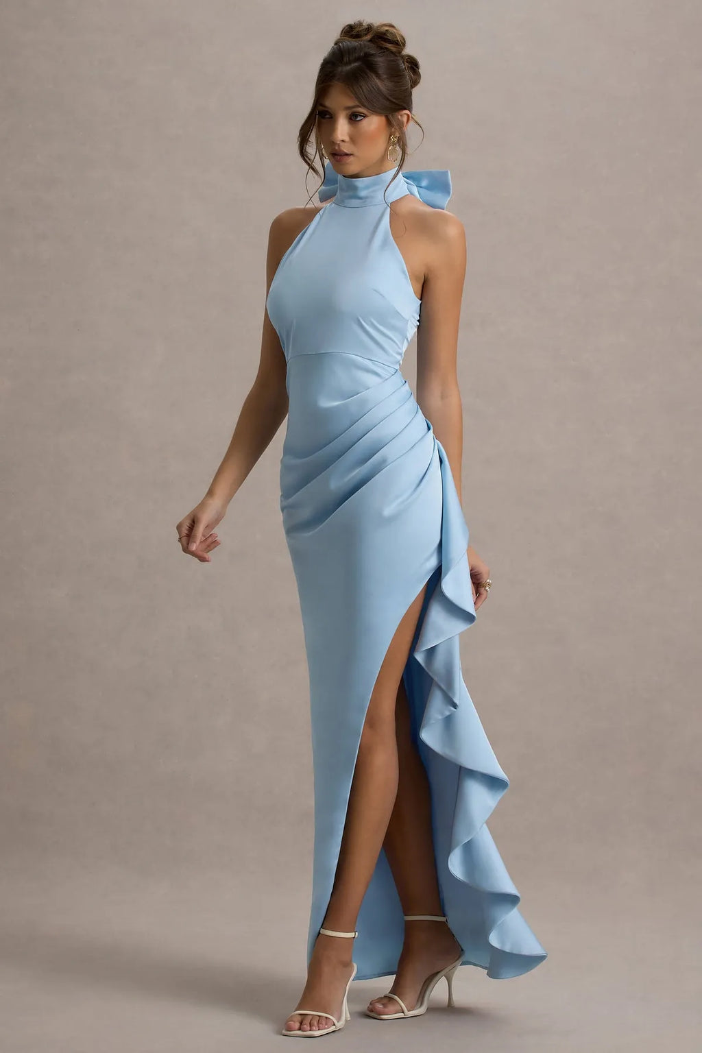 Light Blue Halter Prom Dress with Bow Detail Ruched Sides and Dramatic Ruffled Slit