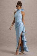 Light Blue Halter Prom Dress with Bow Detail Ruched Sides and Dramatic Ruffled Slit